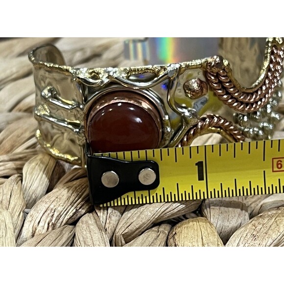 Fabulous Namibian Carnelian Hammered Silver Copper Tone Ornate Cuff Bracelet - Picture 9 of 9